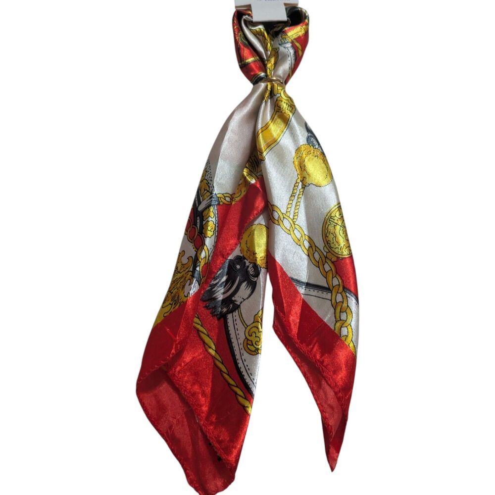LP Crystal Collection Satin Hair Scarf Red Gold Chain Print Twilly Ponytail - Picture 5 of 5
